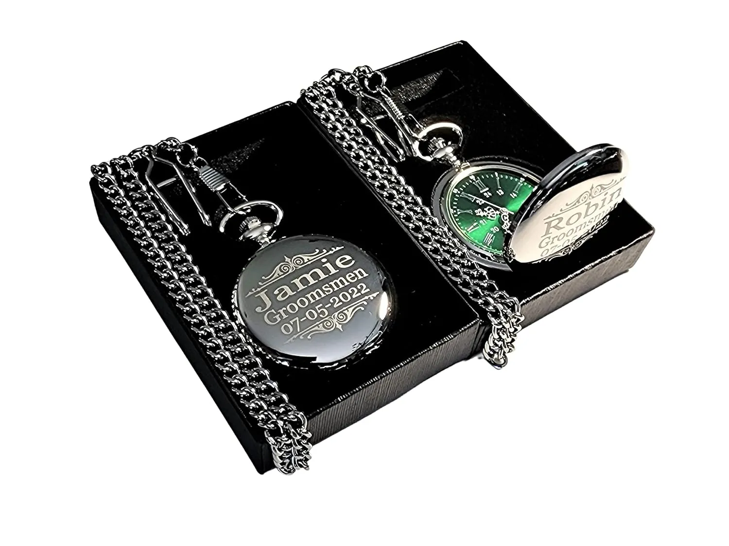 1 Engraved pocket watch - Comes with fitted custom box, chain and engraving - Green dial with Silver roman numerals - Personalized Wedding gifts (Rose Gold)