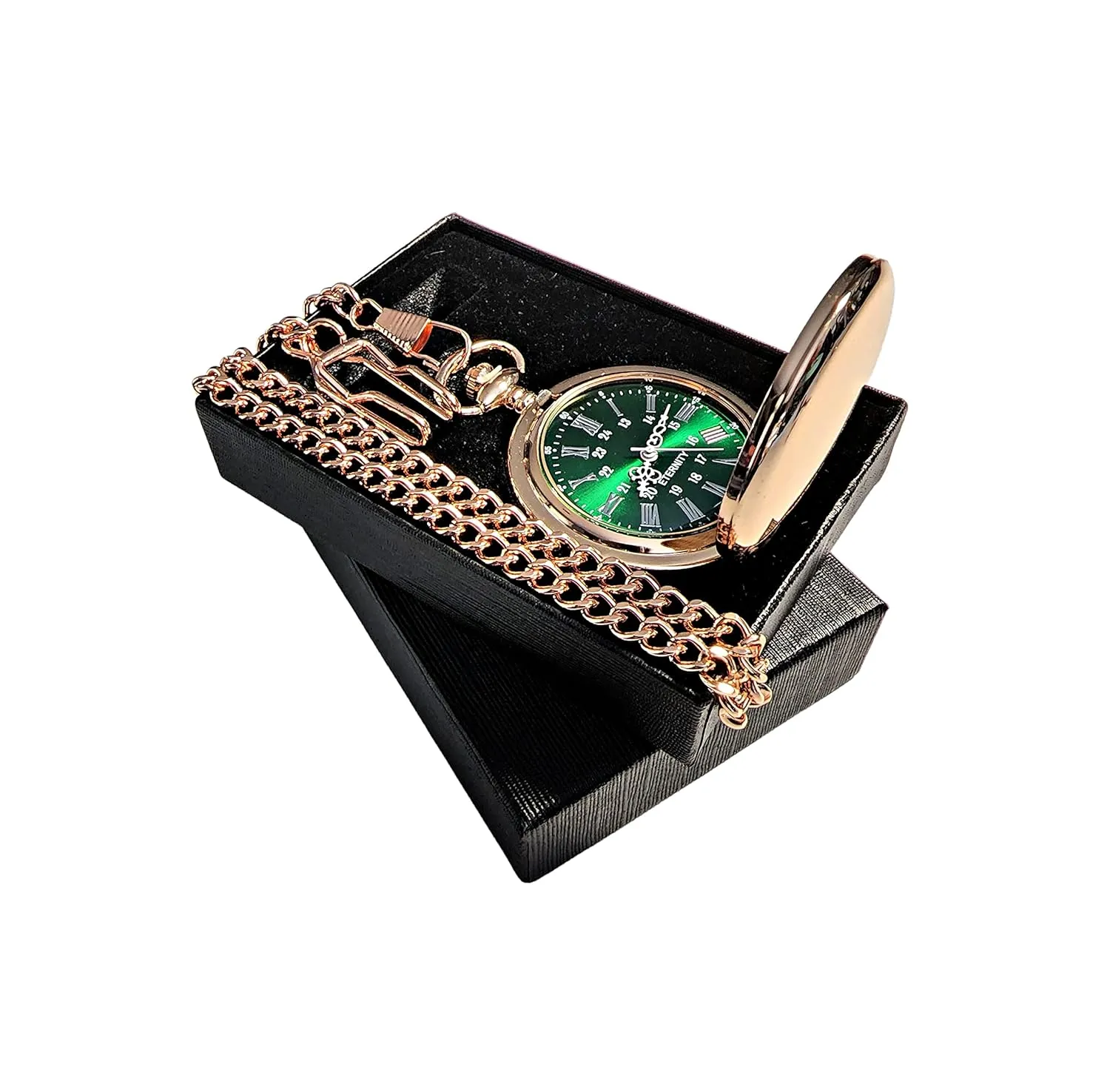1 Engraved pocket watch - Comes with fitted custom box, chain and engraving - Green dial with Silver roman numerals - Personalized Wedding gifts (Rose Gold)