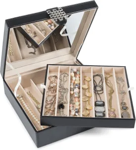 12 Section Necklace Organizer - Large Mirror - 2 Trays - PU Leather - Black - Jewelry Box - Modern Buckle Closure - Fits Necklace & Bracelet - Jewelry Holder for Women Teens & Girls