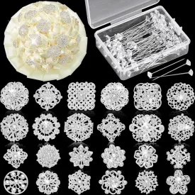 124 Pcs Bouquet Pins Flower Brooch Rhinestone Diamond Brooches Crystal Corsage Boutonniere Stick Pins Embellishments for Crafting Wedding Decor Supplies(Silver)