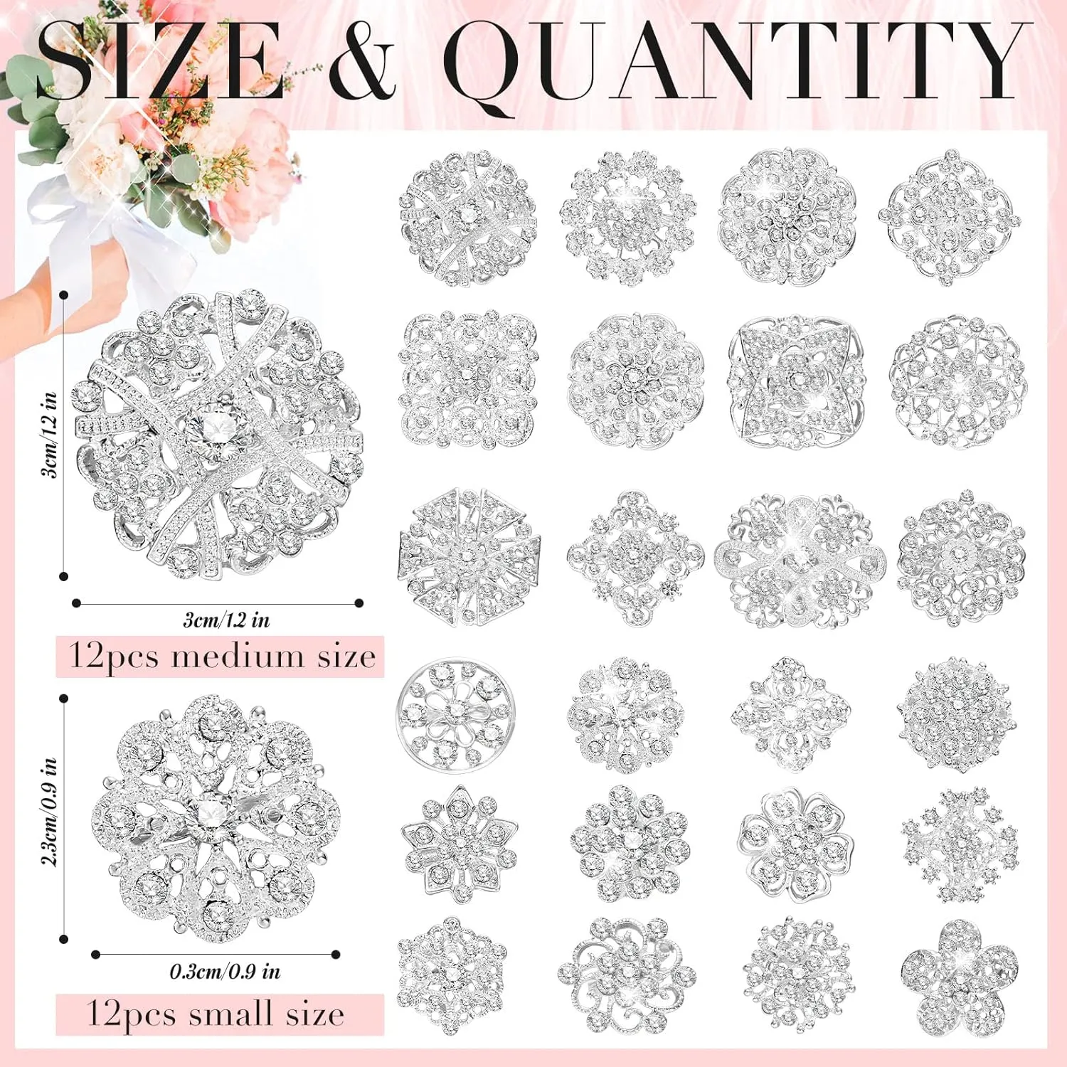 124 Pcs Bouquet Pins Flower Brooch Rhinestone Diamond Brooches Crystal Corsage Boutonniere Stick Pins Embellishments for Crafting Wedding Decor Supplies(Silver)