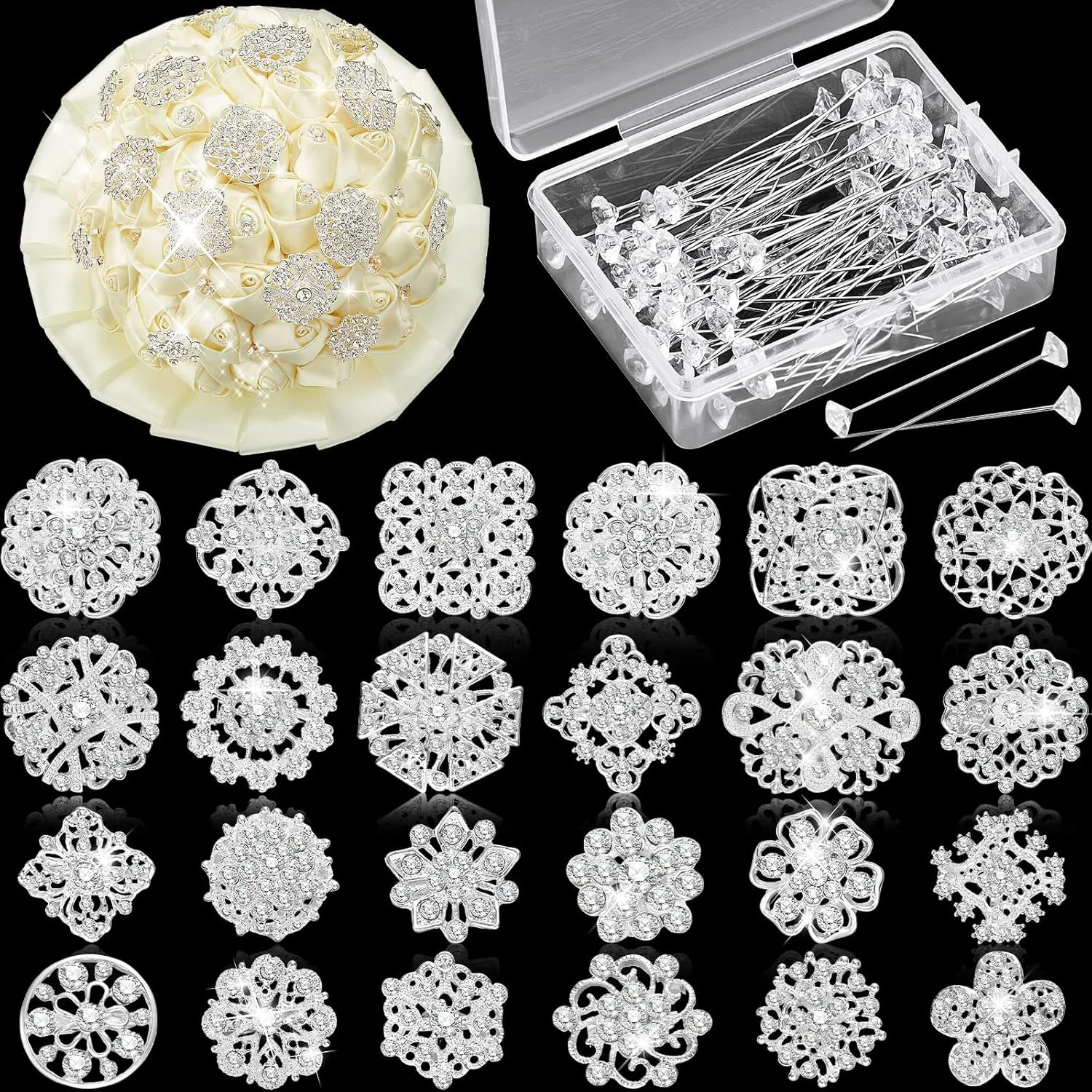 124 Pcs Bouquet Pins Flower Brooch Rhinestone Diamond Brooches Crystal Corsage Boutonniere Stick Pins Embellishments for Crafting Wedding Decor Supplies(Silver)