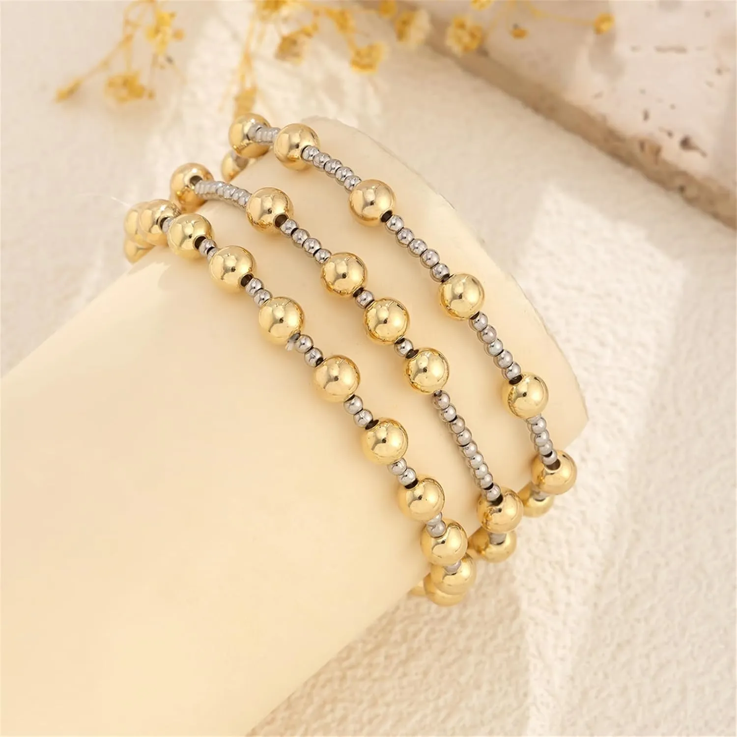 14K Gold Plated Beaded Bracelets Letter Stretch Dainty Stackable Bracelet for Women