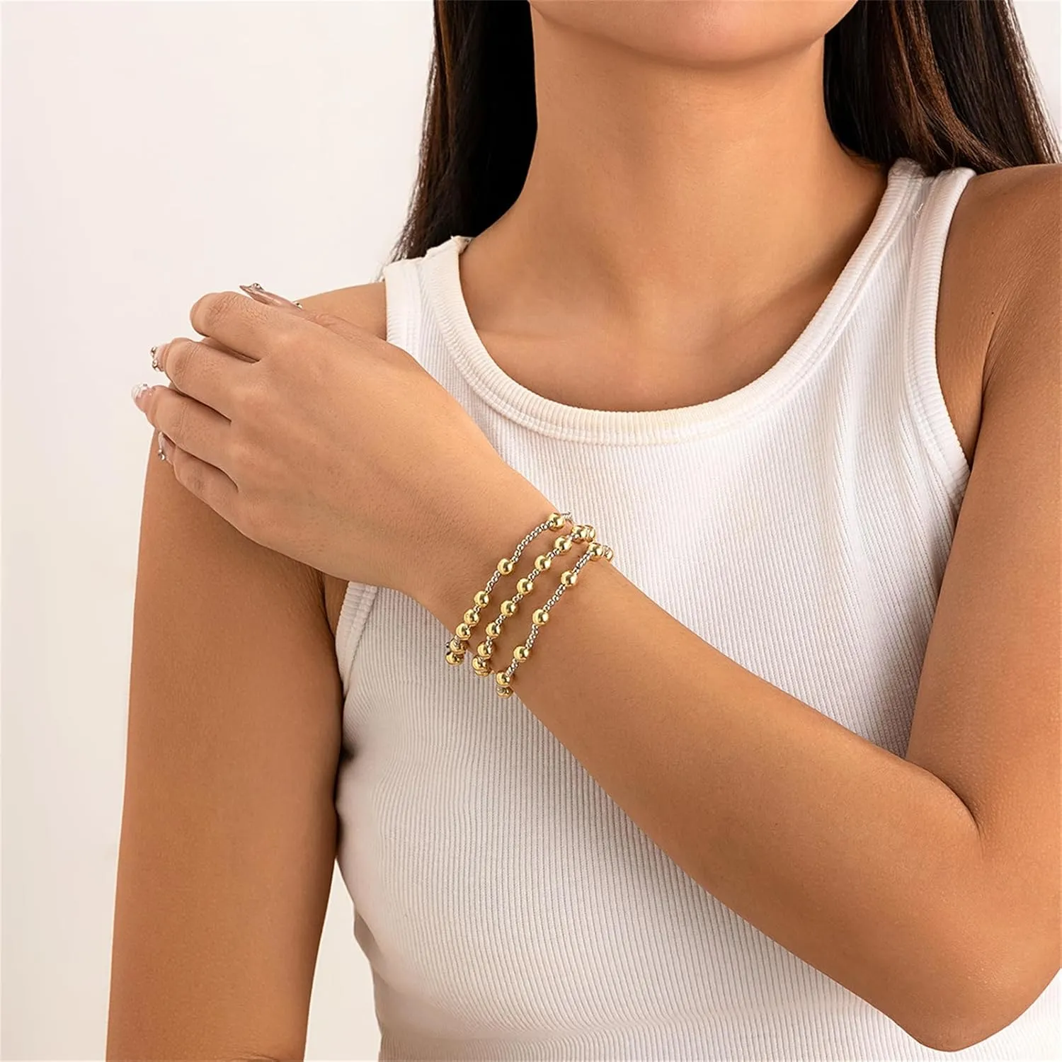 14K Gold Plated Beaded Bracelets Letter Stretch Dainty Stackable Bracelet for Women