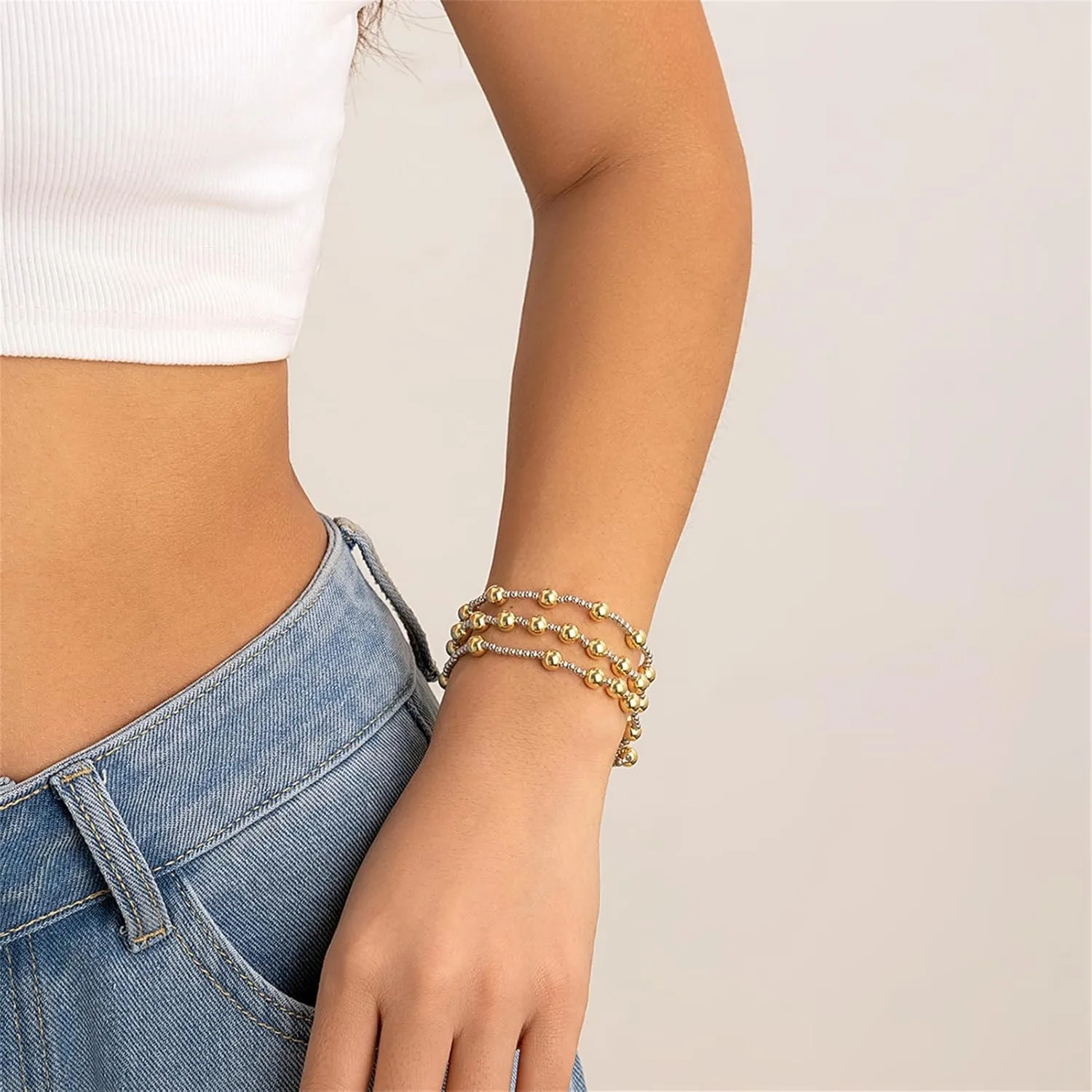 14K Gold Plated Beaded Bracelets Letter Stretch Dainty Stackable Bracelet for Women