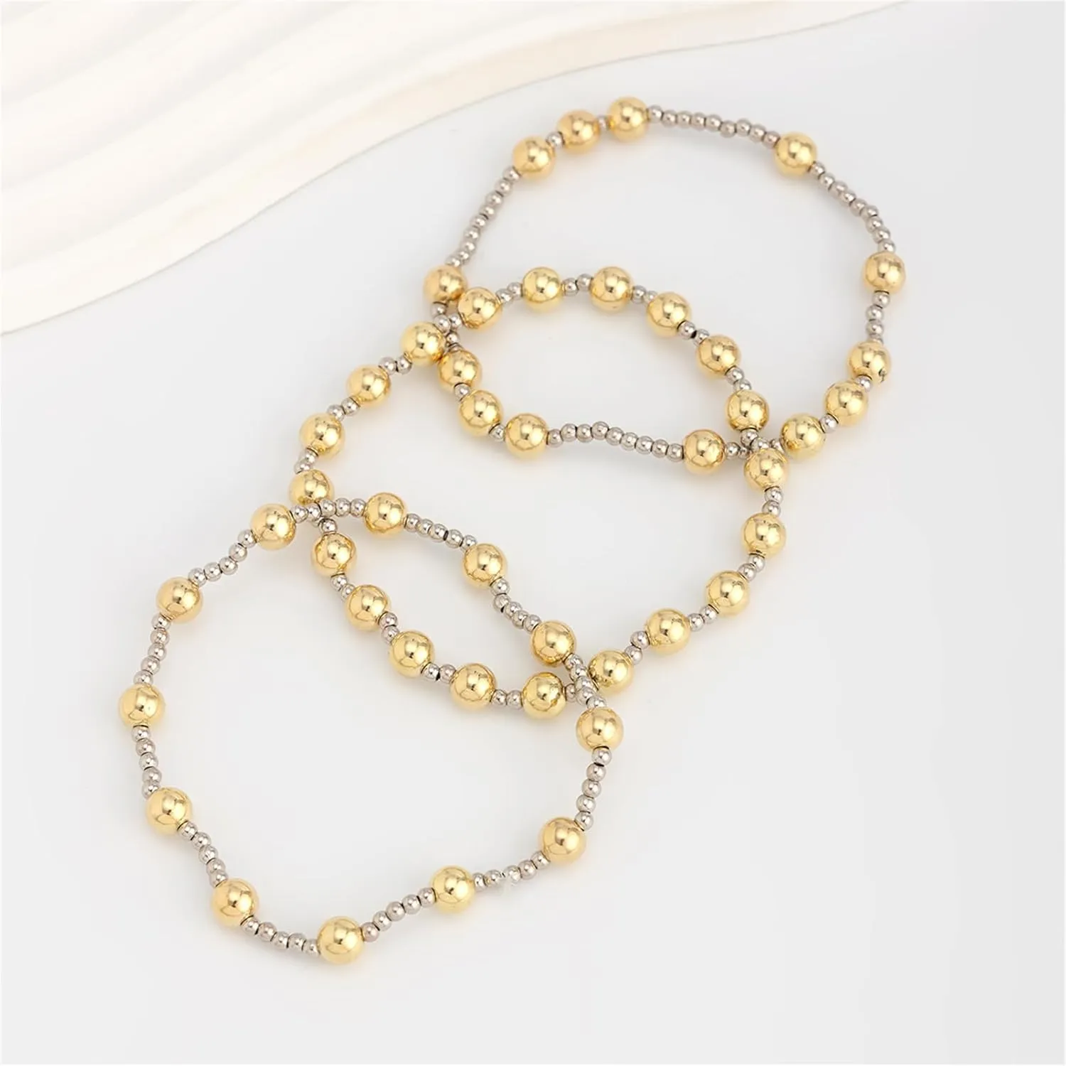 14K Gold Plated Beaded Bracelets Letter Stretch Dainty Stackable Bracelet for Women