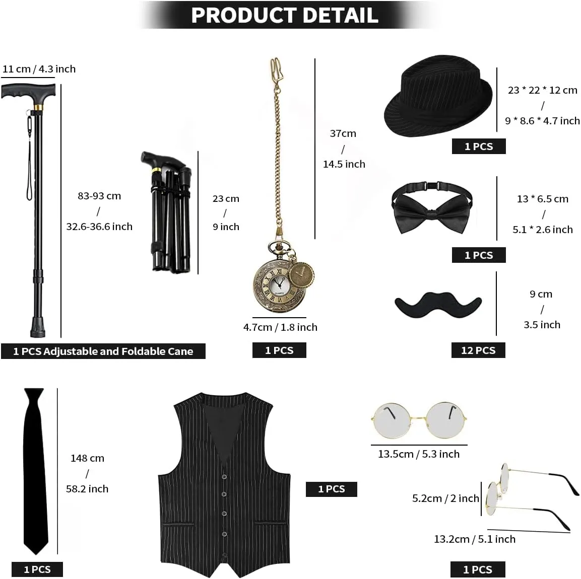 1920s Mens Costume, Roaring 20s Costumes Accessories Set Vest Foldable Crutches Fedora Hat Pocket Watch Tie