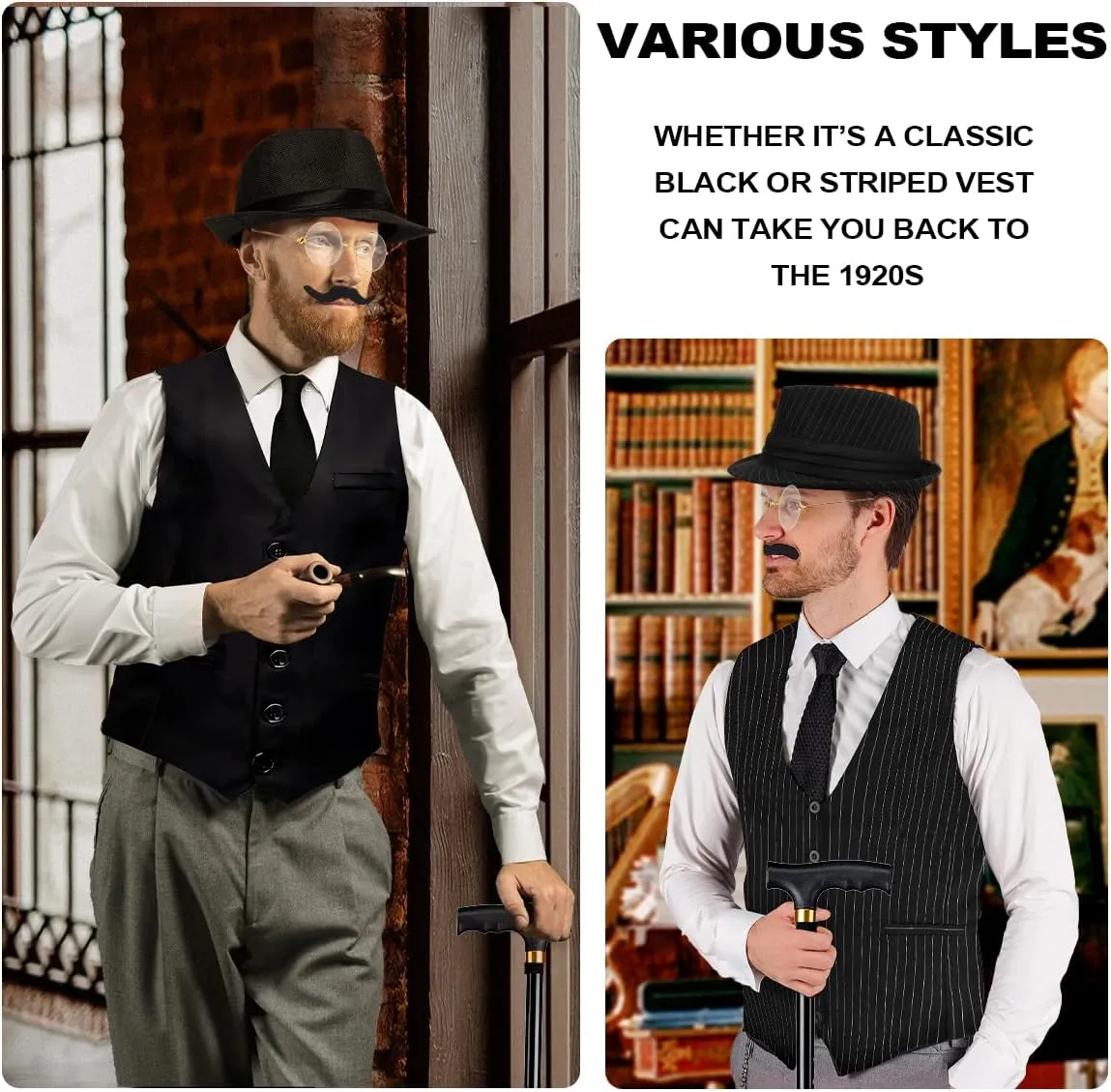 1920s Mens Costume, Roaring 20s Costumes Accessories Set Vest Foldable Crutches Fedora Hat Pocket Watch Tie