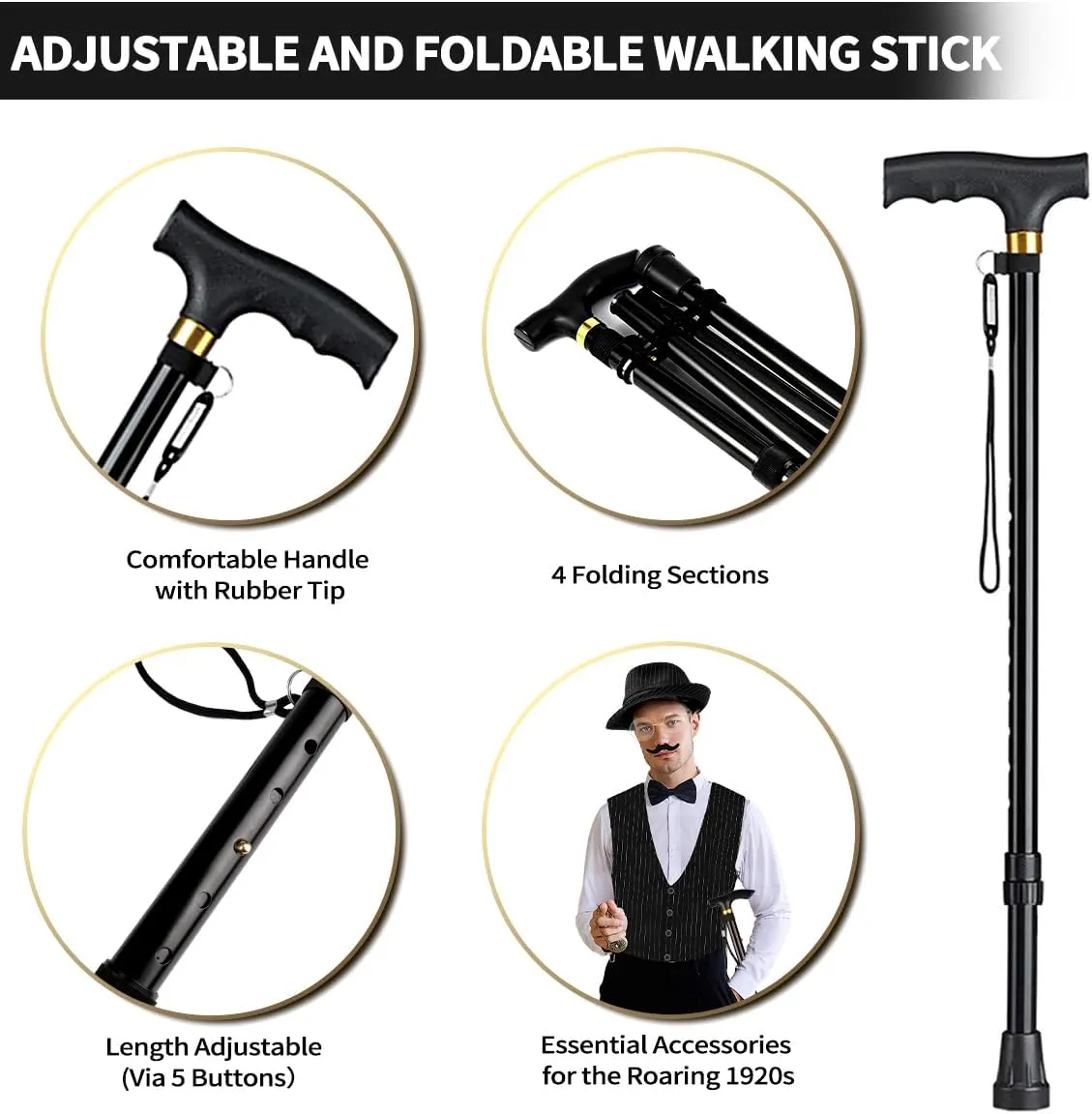 1920s Mens Costume, Roaring 20s Costumes Accessories Set Vest Foldable Crutches Fedora Hat Pocket Watch Tie
