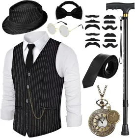 1920s Mens Costume, Roaring 20s Costumes Accessories Set Vest Foldable Crutches Fedora Hat Pocket Watch Tie