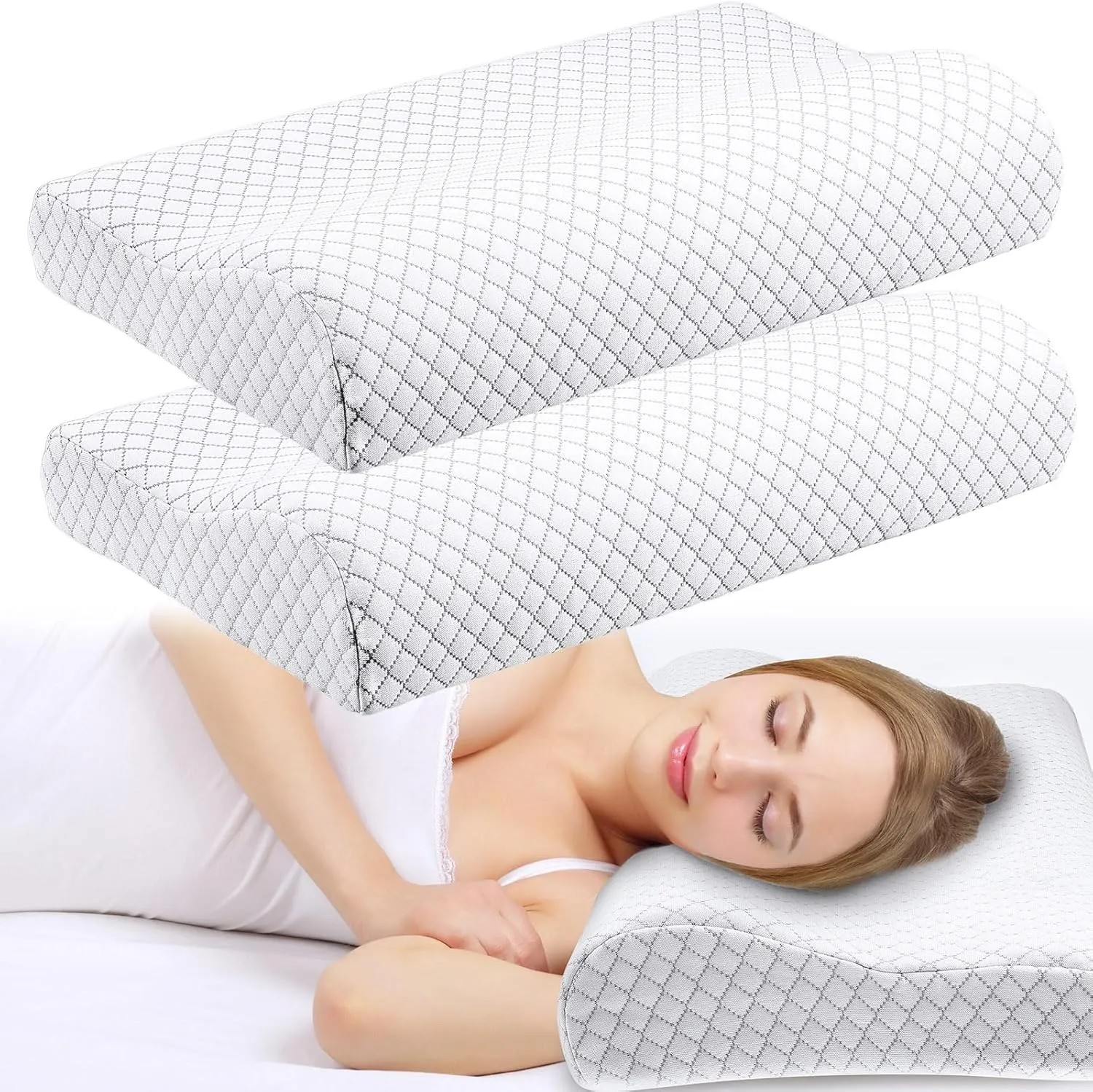 2 Pack Memory Foam Pillow Neck Support Orthopedic Sleeping Pillow Ergonomic Bed Relief for Shoulder Pain Side Back Stomach