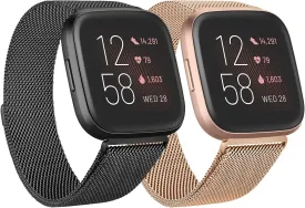 2 Pack Metal Bands for Fitbit Versa/Fitbit Versa 2 / Fitbit Versa Lite for Women Men, Stainless Steel Mesh Breathable Wristband Strap with Adjustable Magnet Lock