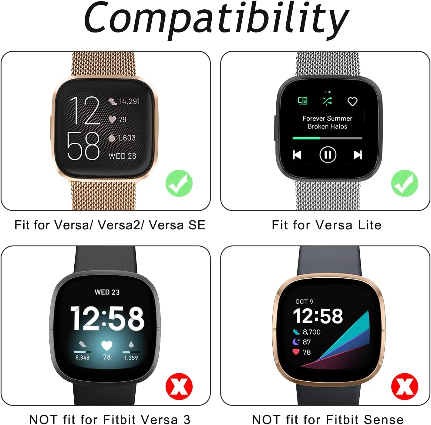 2 Pack Metal Bands for Fitbit Versa/Fitbit Versa 2 / Fitbit Versa Lite for Women Men, Stainless Steel Mesh Breathable Wristband Strap with Adjustable Magnet Lock