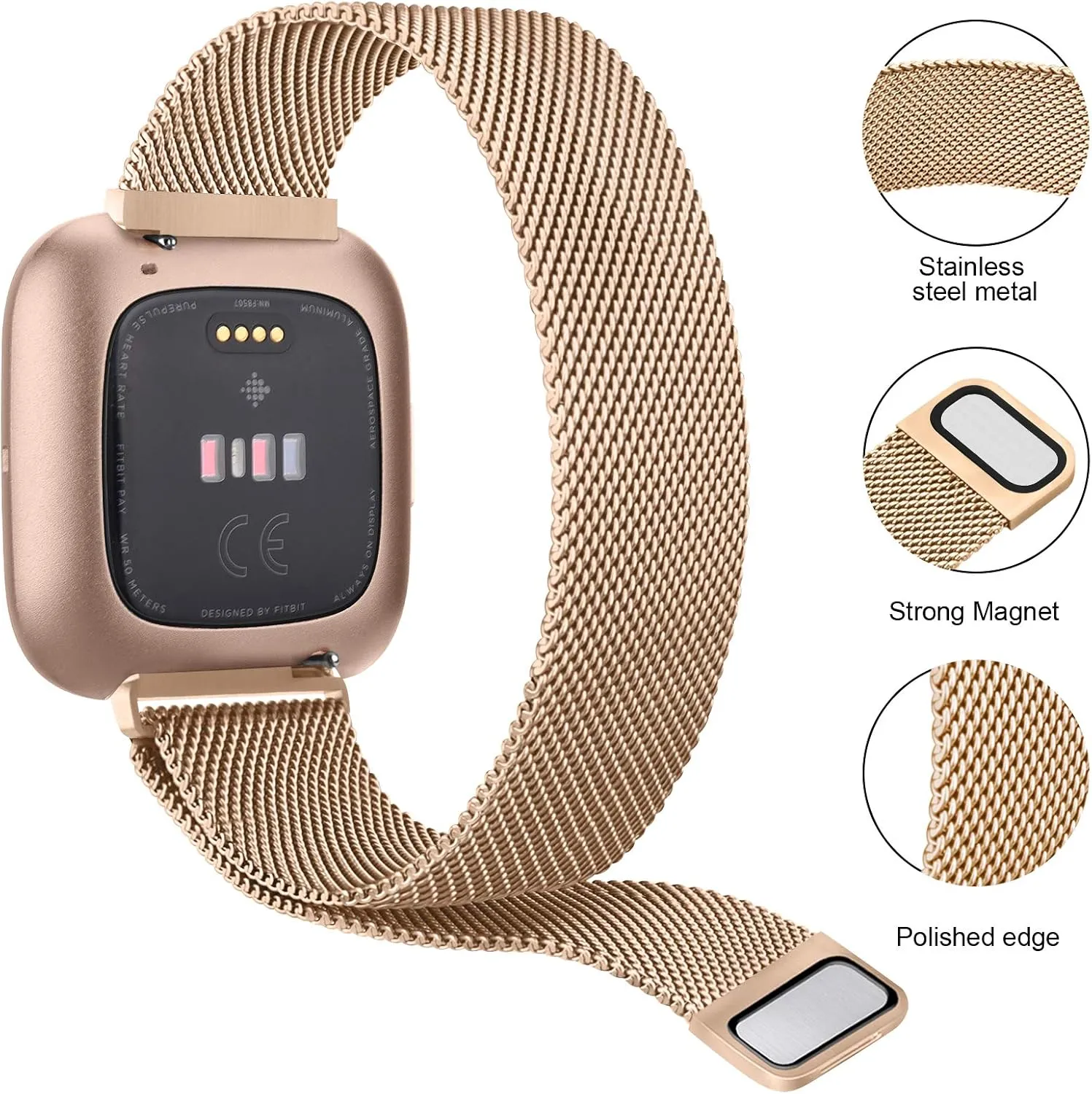 2 Pack Metal Bands for Fitbit Versa/Fitbit Versa 2 / Fitbit Versa Lite for Women Men, Stainless Steel Mesh Breathable Wristband Strap with Adjustable Magnet Lock