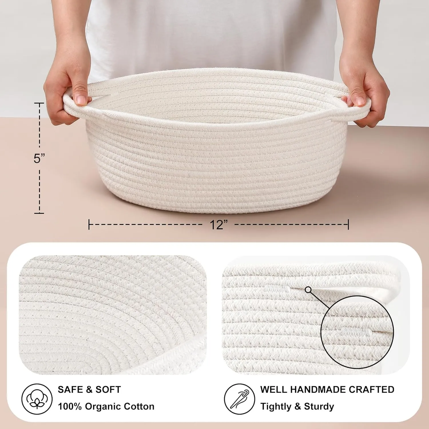 2 Pack Small Woven Basket with Gift Bags and Ribbons, Empty Decorative Gift Chest Box, Cute Baby Gift Basket for Nursery, Cotton Rope Room Shelf Storage Basket with Handles, All 12"x 8"x 5",White