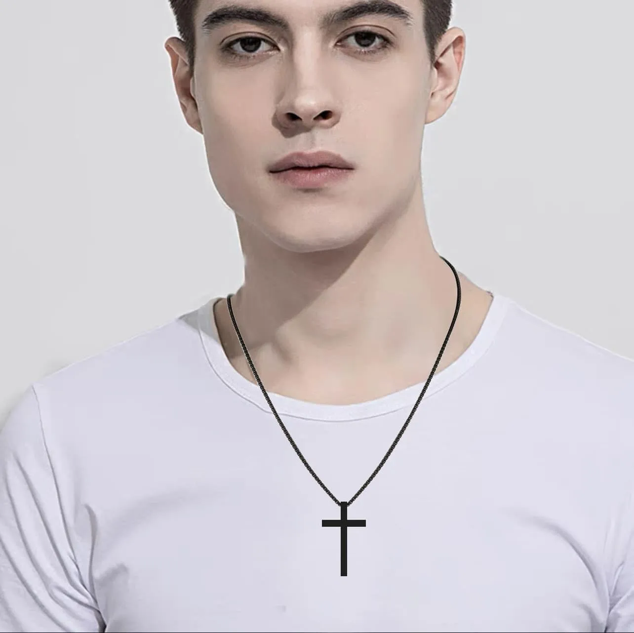 2 Pcs Cross Necklace for Men, Silver Black Stainless Steel Bible Verse Cross Pendant Necklace for Men, 2.5mm Box Chain