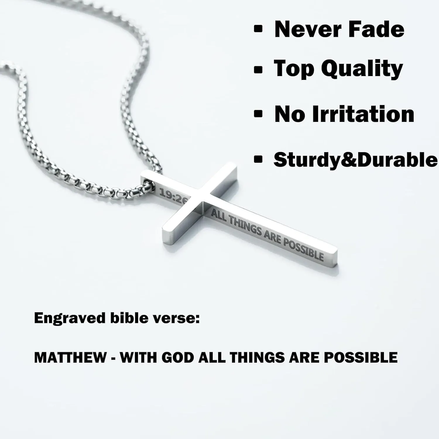 2 Pcs Cross Necklace for Men, Silver Black Stainless Steel Bible Verse Cross Pendant Necklace for Men, 2.5mm Box Chain