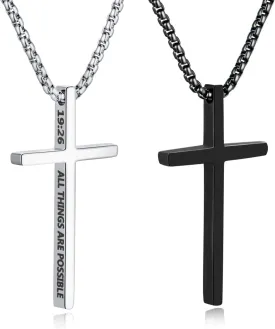 2 Pcs Cross Necklace for Men, Silver Black Stainless Steel Bible Verse Cross Pendant Necklace for Men, 2.5mm Box Chain