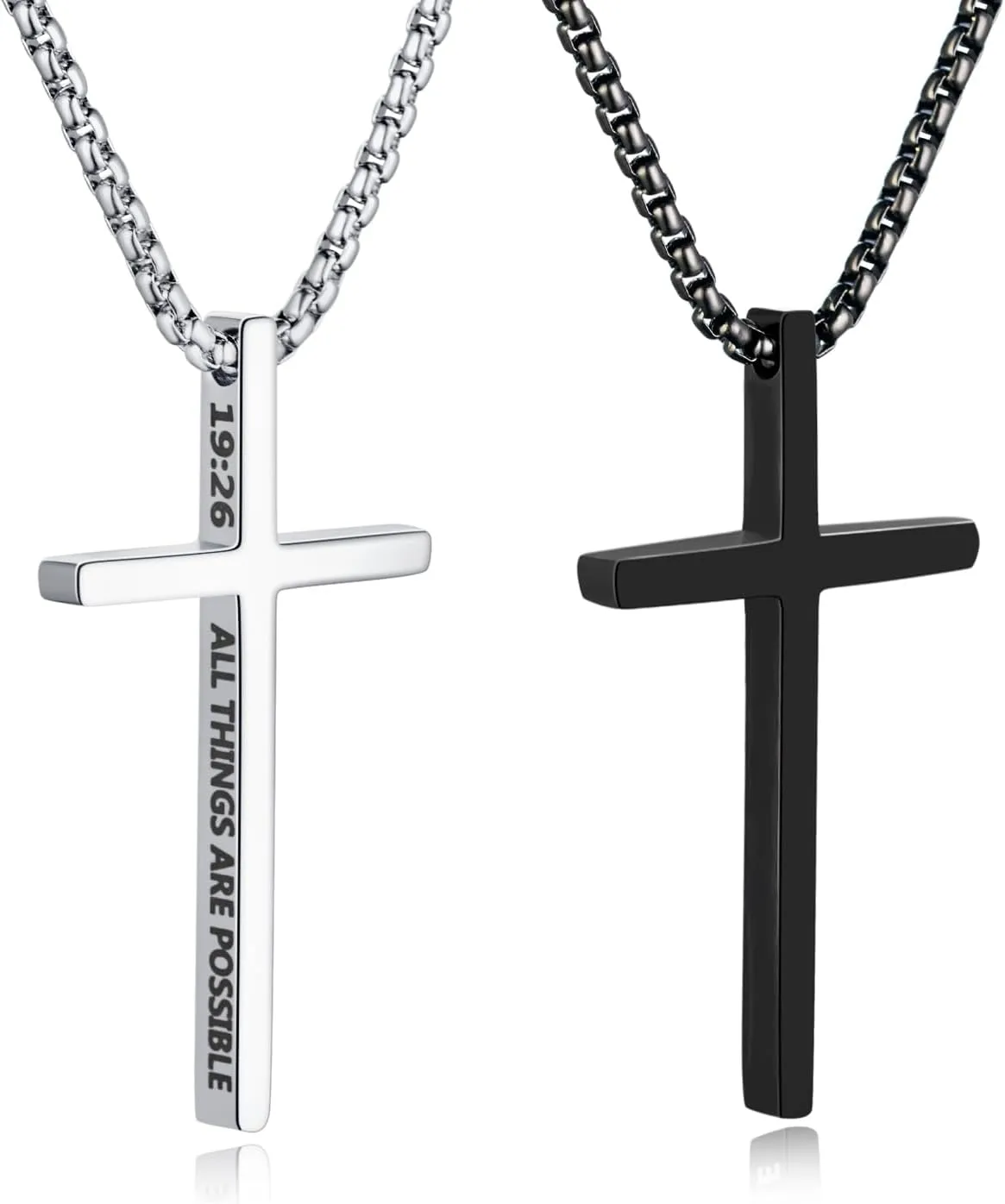 2 Pcs Cross Necklace for Men, Silver Black Stainless Steel Bible Verse Cross Pendant Necklace for Men, 2.5mm Box Chain