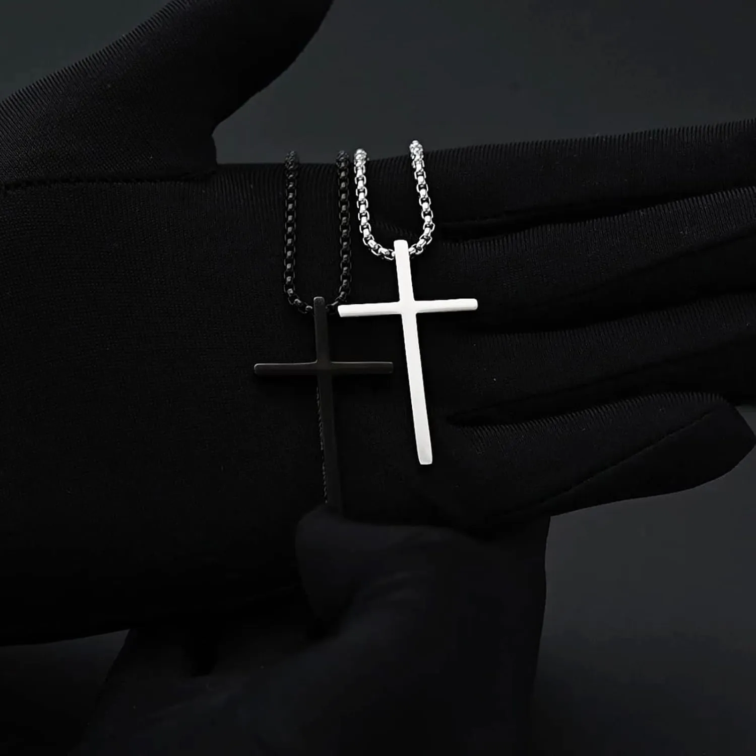 2 Pcs Cross Necklace for Men, Silver Black Stainless Steel Bible Verse Cross Pendant Necklace for Men, 2.5mm Box Chain