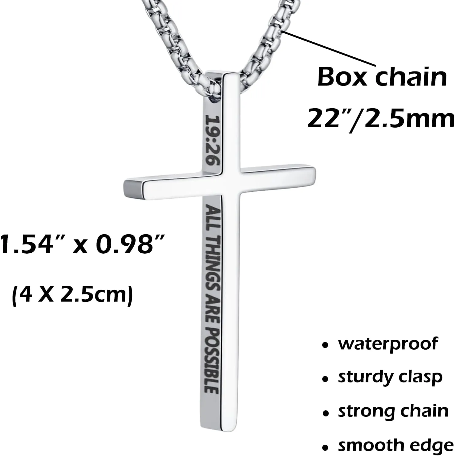 2 Pcs Cross Necklace for Men, Silver Black Stainless Steel Bible Verse Cross Pendant Necklace for Men, 2.5mm Box Chain