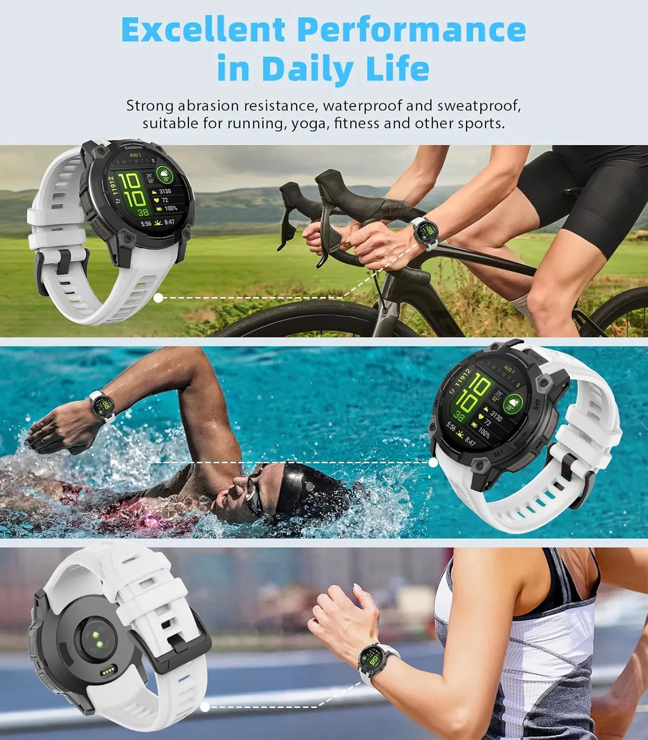 22mm Rubber Sport Replacement Strap Compatible with Garmin Instinct 3 Solar 45mm/Instinct 3 Amoled 45mm, Waterproof Watch Band Breathable Lightweight Strap Wristband