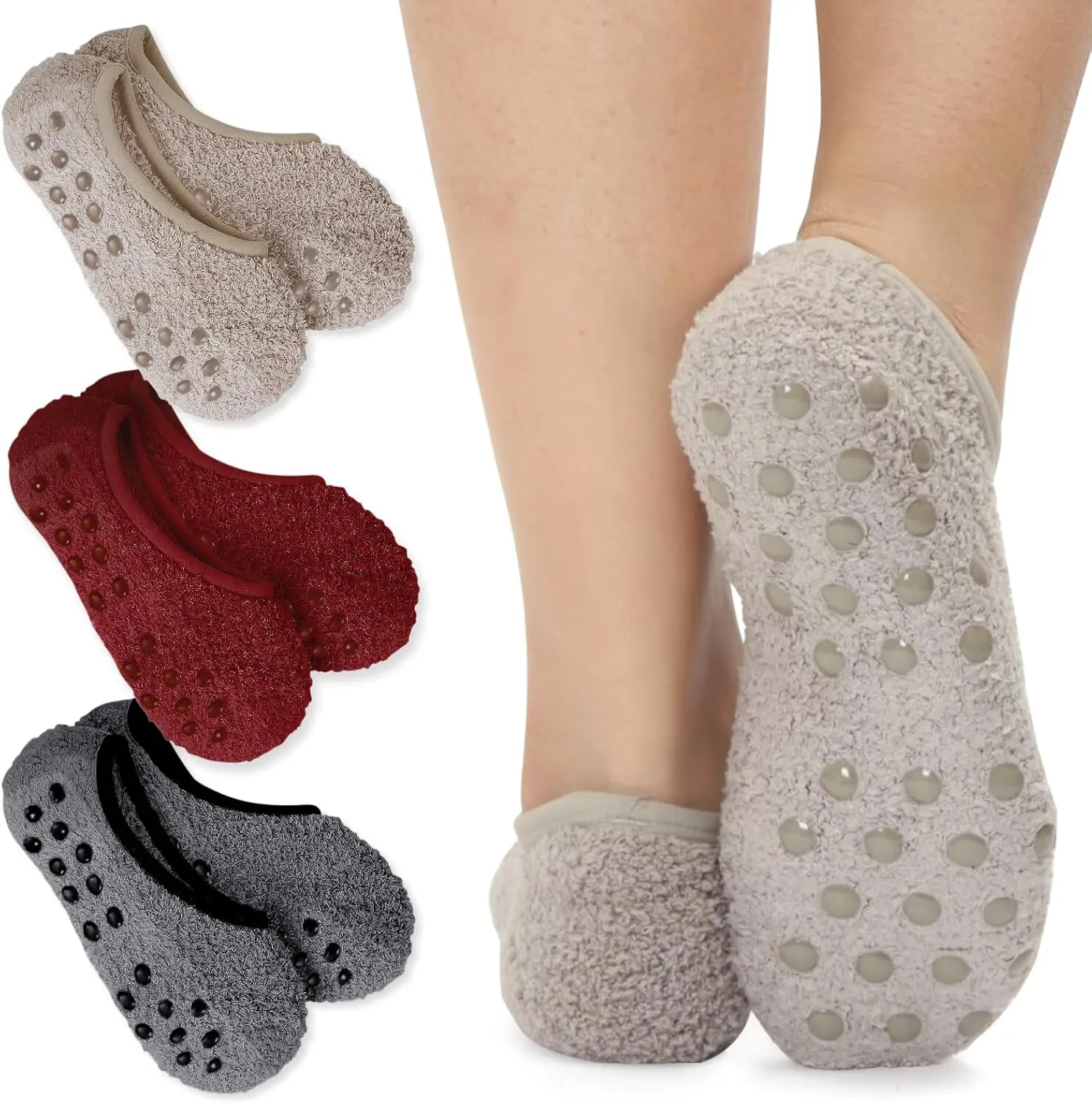 3Pairs Cozy Winter Fuzzy Socks for Women With Grip Anti-Slip Fluffy Plush House Warm Ankle Socks