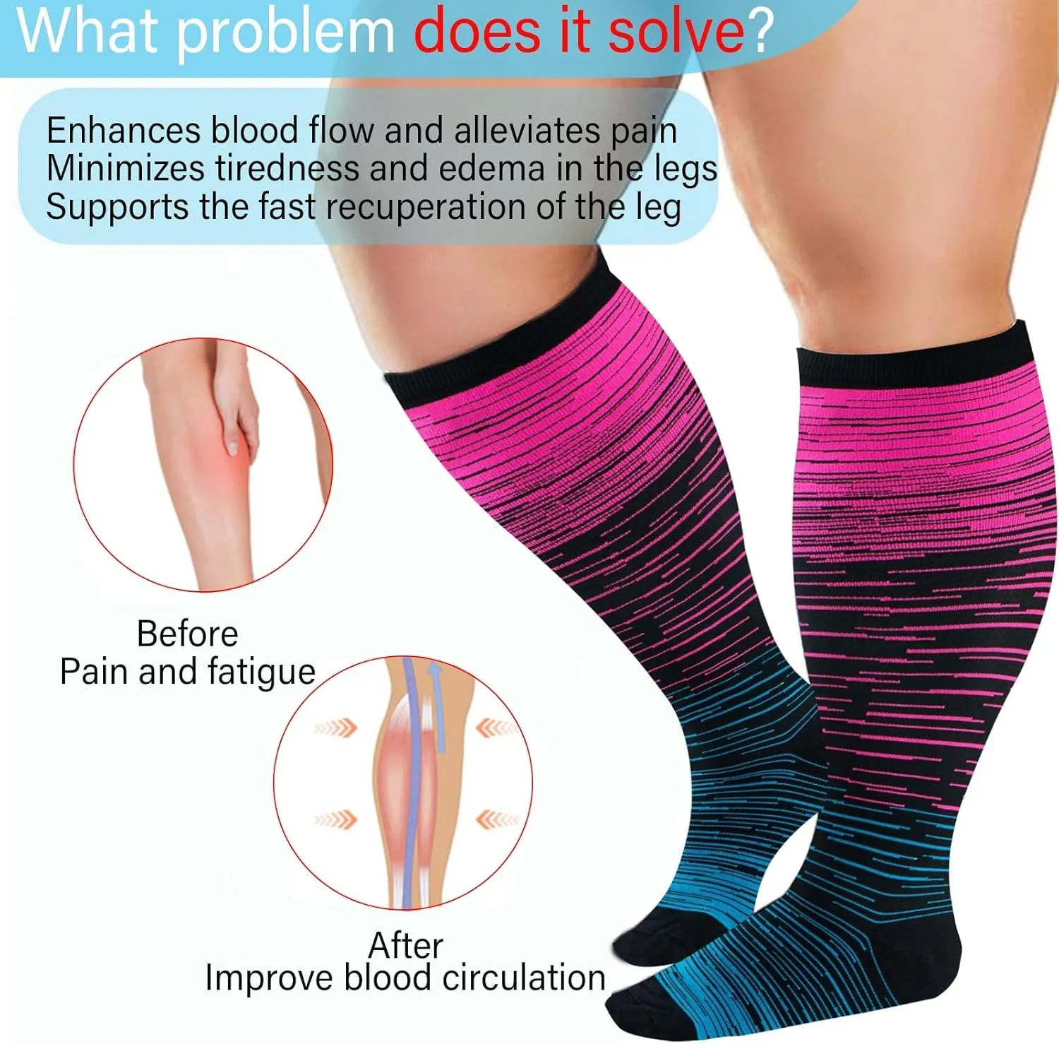 4 Pairs Plus Size Compression Socks for Women and Men 20-30 mmHg, Wide Calf Stockings Best Support for Circulation, Running