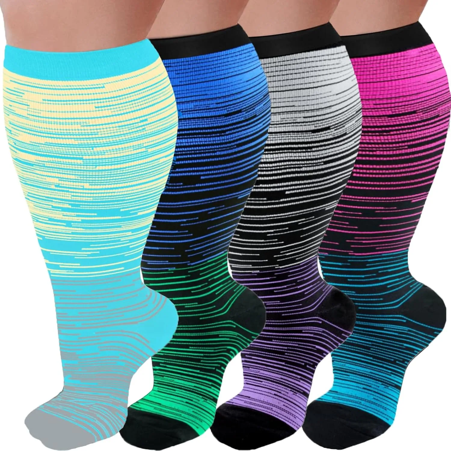 4 Pairs Plus Size Compression Socks for Women and Men 20-30 mmHg, Wide Calf Stockings Best Support for Circulation, Running