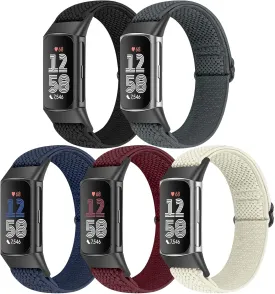5 Pack Elastic Nylon Watch Bands Compatible for Fitbit Charge 6/Fitbit Charge 5, Adjustable Breathable Replacement Stretchy Nylon Loop Wristband Sport Strap for Women Men