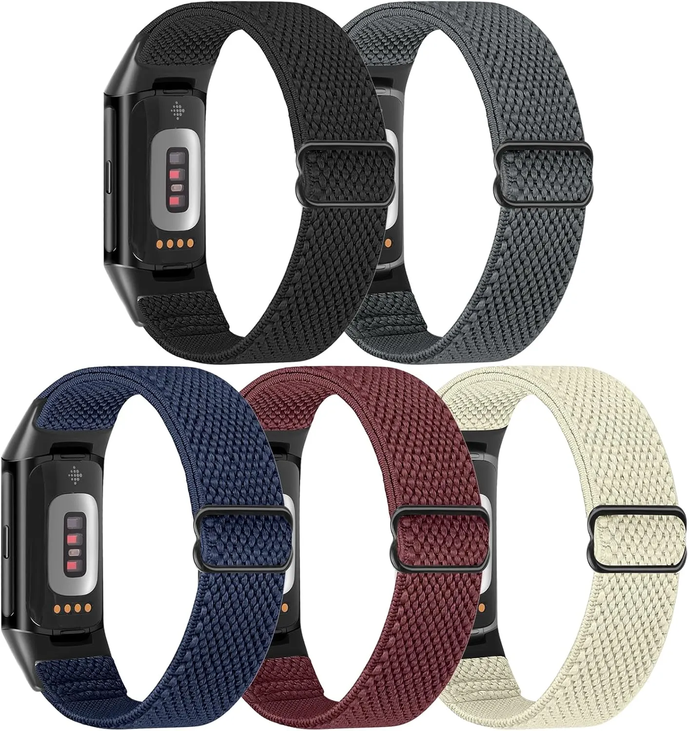 5 Pack Elastic Nylon Watch Bands Compatible for Fitbit Charge 6/Fitbit Charge 5, Adjustable Breathable Replacement Stretchy Nylon Loop Wristband Sport Strap for Women Men