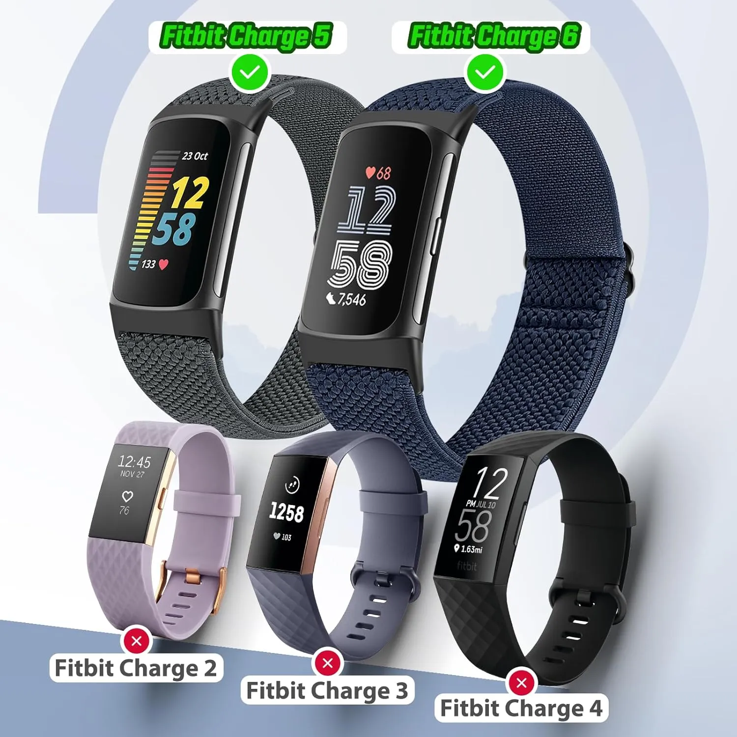 5 Pack Elastic Nylon Watch Bands Compatible for Fitbit Charge 6/Fitbit Charge 5, Adjustable Breathable Replacement Stretchy Nylon Loop Wristband Sport Strap for Women Men
