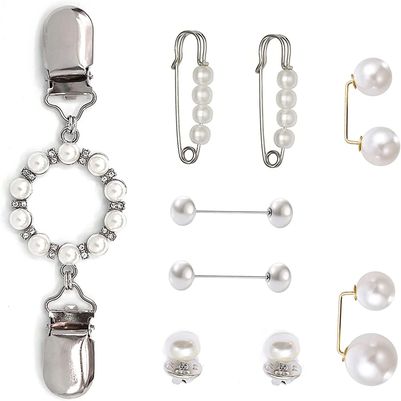 9PCS Pearl Waist Brooch Pins Dress Back Clips Waist Cincher Tightening Waistband Cardigan Clip Sweater Shawl Clips Decorated Safety Pins Collar Brooch for Women Clothing
