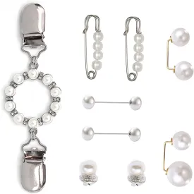 9PCS Pearl Waist Brooch Pins Dress Back Clips Waist Cincher Tightening Waistband Cardigan Clip Sweater Shawl Clips Decorated Safety Pins Collar Brooch for Women Clothing