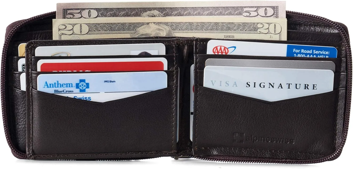 Alpine Swiss Logan Zipper Bifold Wallet For Men or Women RFID Safe Comes in a Gift Box