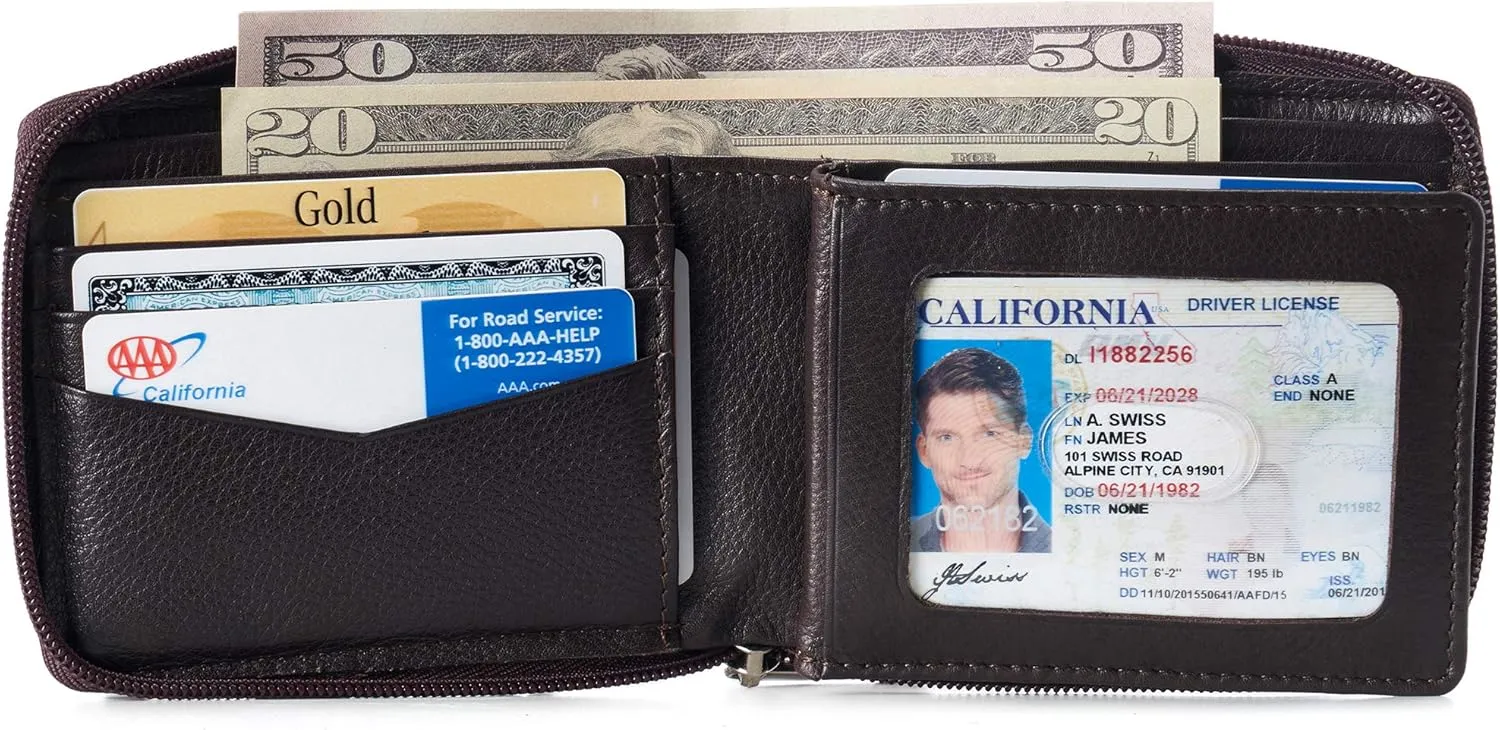 Alpine Swiss Logan Zipper Bifold Wallet For Men or Women RFID Safe Comes in a Gift Box