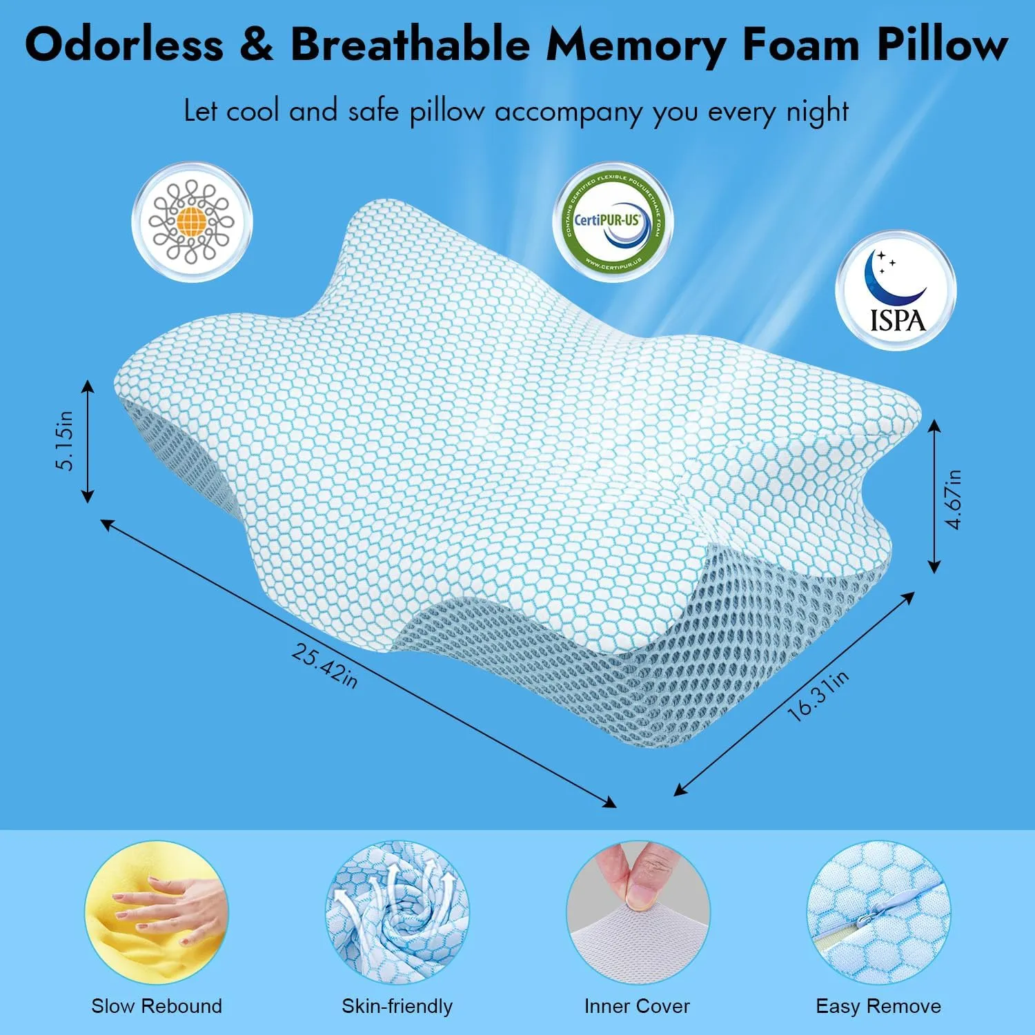 Anvo Cervical Pillow for Neck Pain Relief, Memory Foam Pillows for Neck and Shoulder Pain, Orthopedic Ergonomic Design for Sleeping, Suitable for Side Back and Stomach Sleeper, Indigo Firm