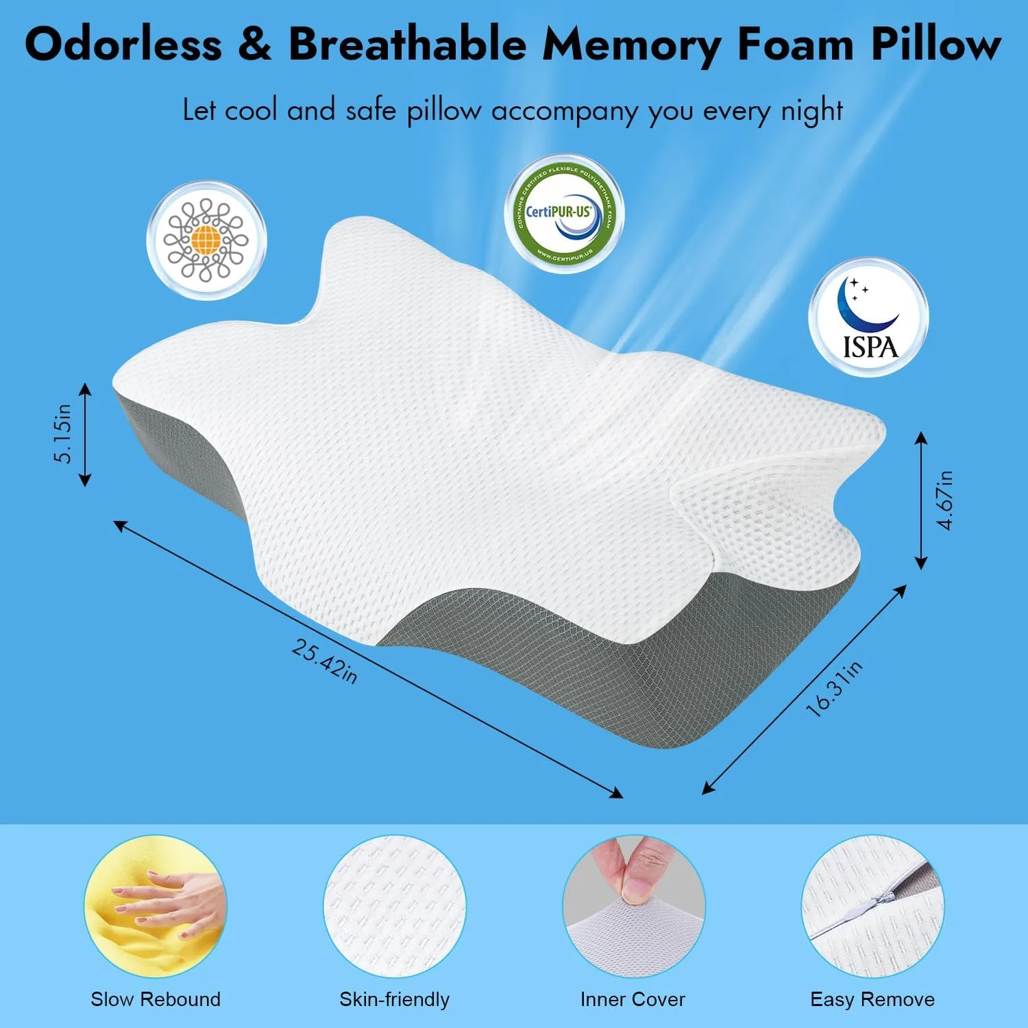 Anvo Cervical Pillow for Neck Pain Relief, Memory Foam Pillows for Neck and Shoulder Pain, Orthopedic Ergonomic Design for Sleeping, Suitable for Side Back and Stomach Sleeper, White Soft