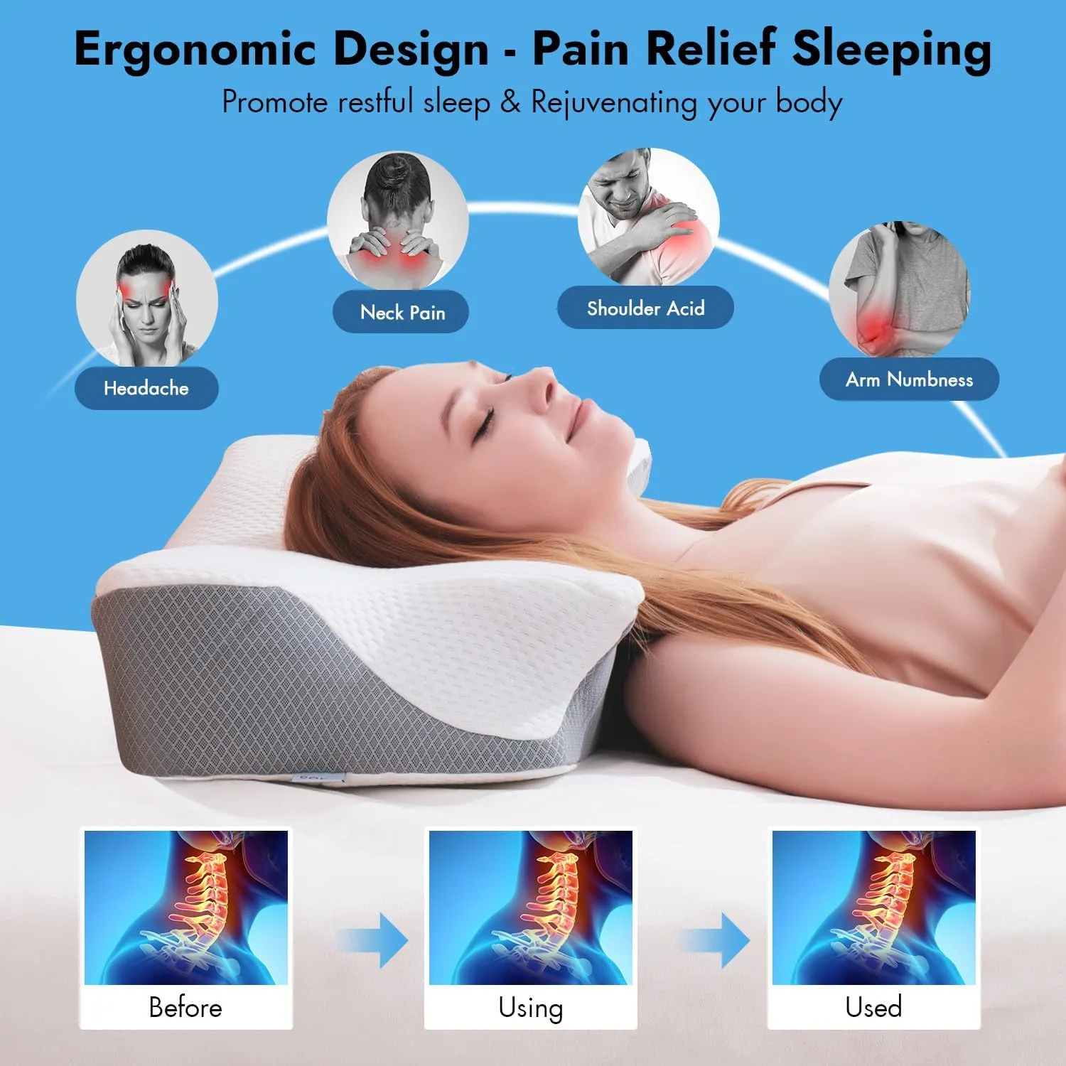 Anvo Cervical Pillow for Neck Pain Relief, Memory Foam Pillows for Neck and Shoulder Pain, Orthopedic Ergonomic Design for Sleeping, Suitable for Side Back and Stomach Sleeper, White Soft