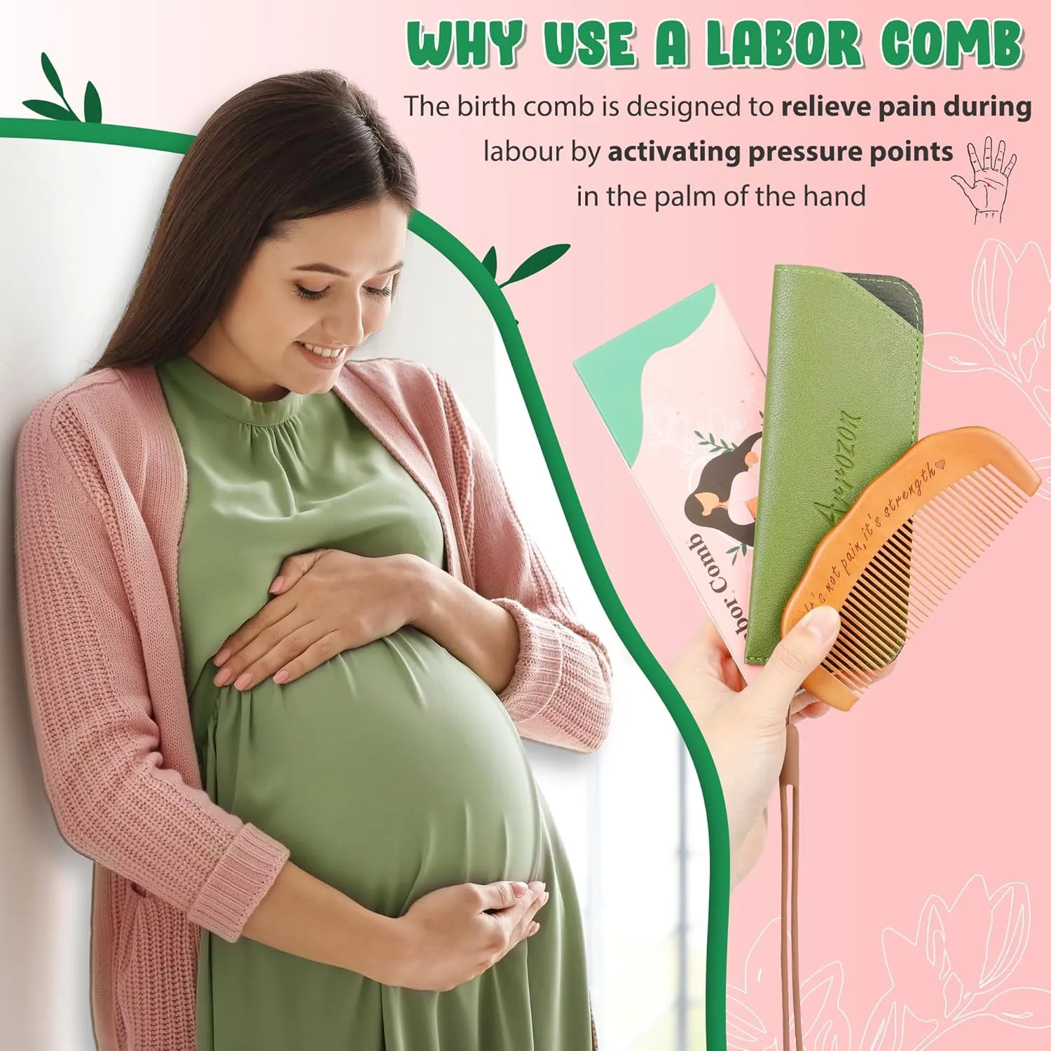 Arrozon Birth Comb for Women Labor, Wooden Labor Comb Natural Labor and Delivery Essentials, Birthing Comb Labor Gifts for Pregnant Women, Wood Comb Pregnancy Must Haves (Designed for Moms)