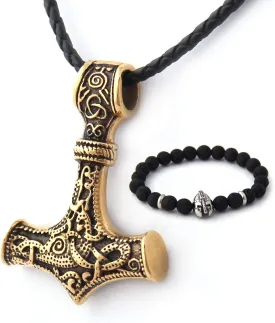 BAVIPOWER 18K Gold Pated Mjolnir Pendant Norse Viking Thors Hammer Necklace for Men Women 316L Stainess Steel Nordic Scandinavian JewelryGift