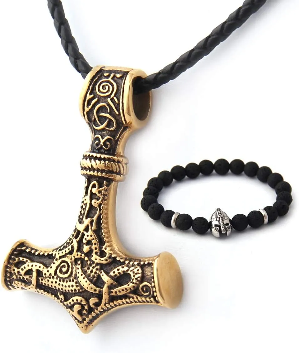 BAVIPOWER 18K Gold Pated Mjolnir Pendant Norse Viking Thors Hammer Necklace for Men Women 316L Stainess Steel Nordic Scandinavian JewelryGift