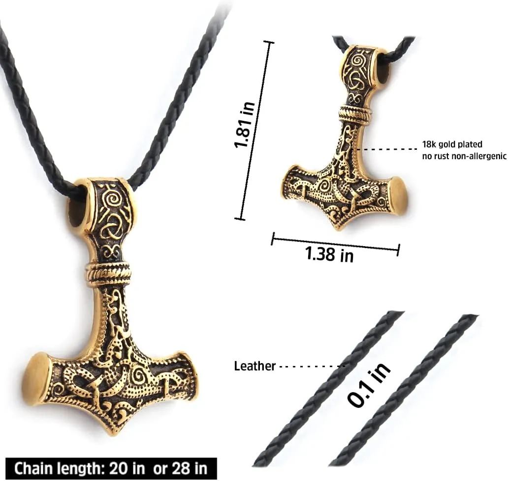 BAVIPOWER 18K Gold Pated Mjolnir Pendant Norse Viking Thors Hammer Necklace for Men Women 316L Stainess Steel Nordic Scandinavian JewelryGift