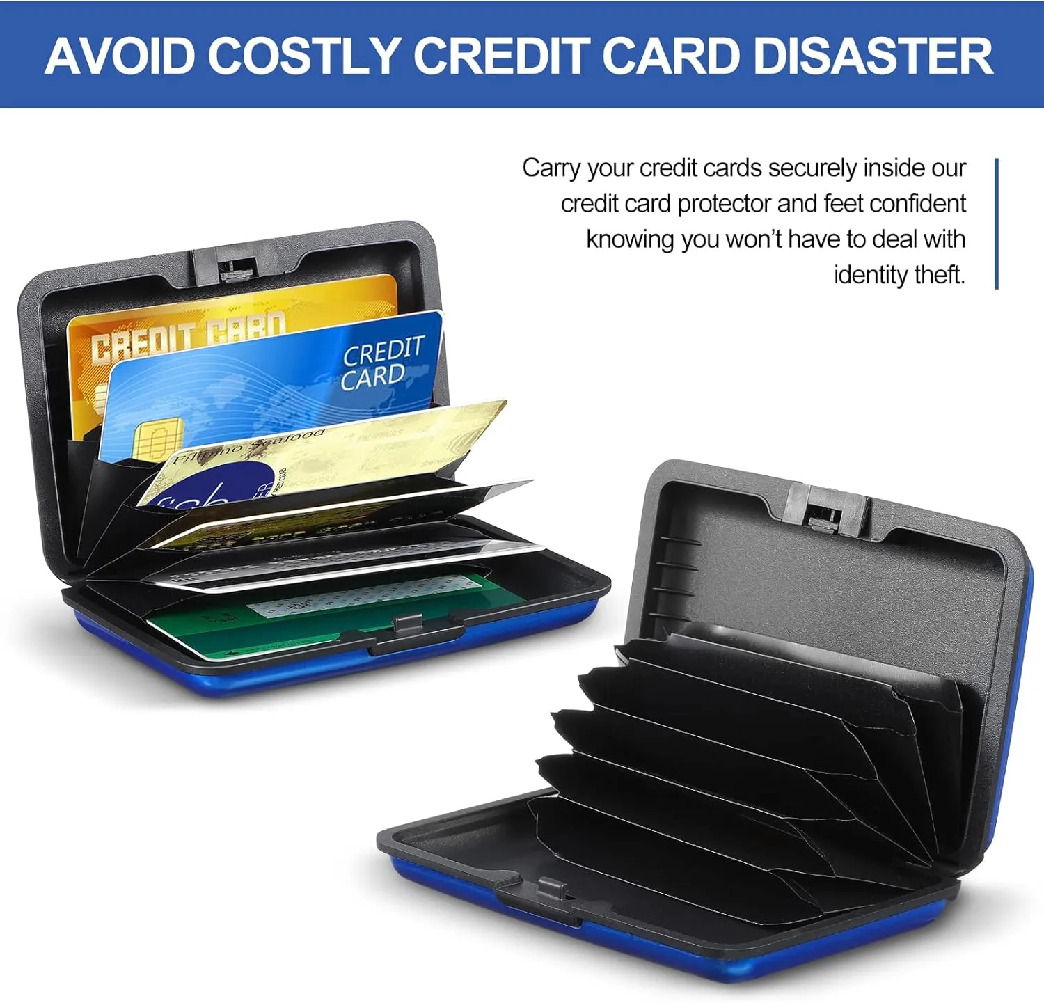 BBTO 2 Pieces Credit Card Holder Slim Mini Rfid Blocking Credit Card Protector Aluminum Business Box Metal ID Organizer Wallet with 6 Slots for Women Men(Red, Blue)