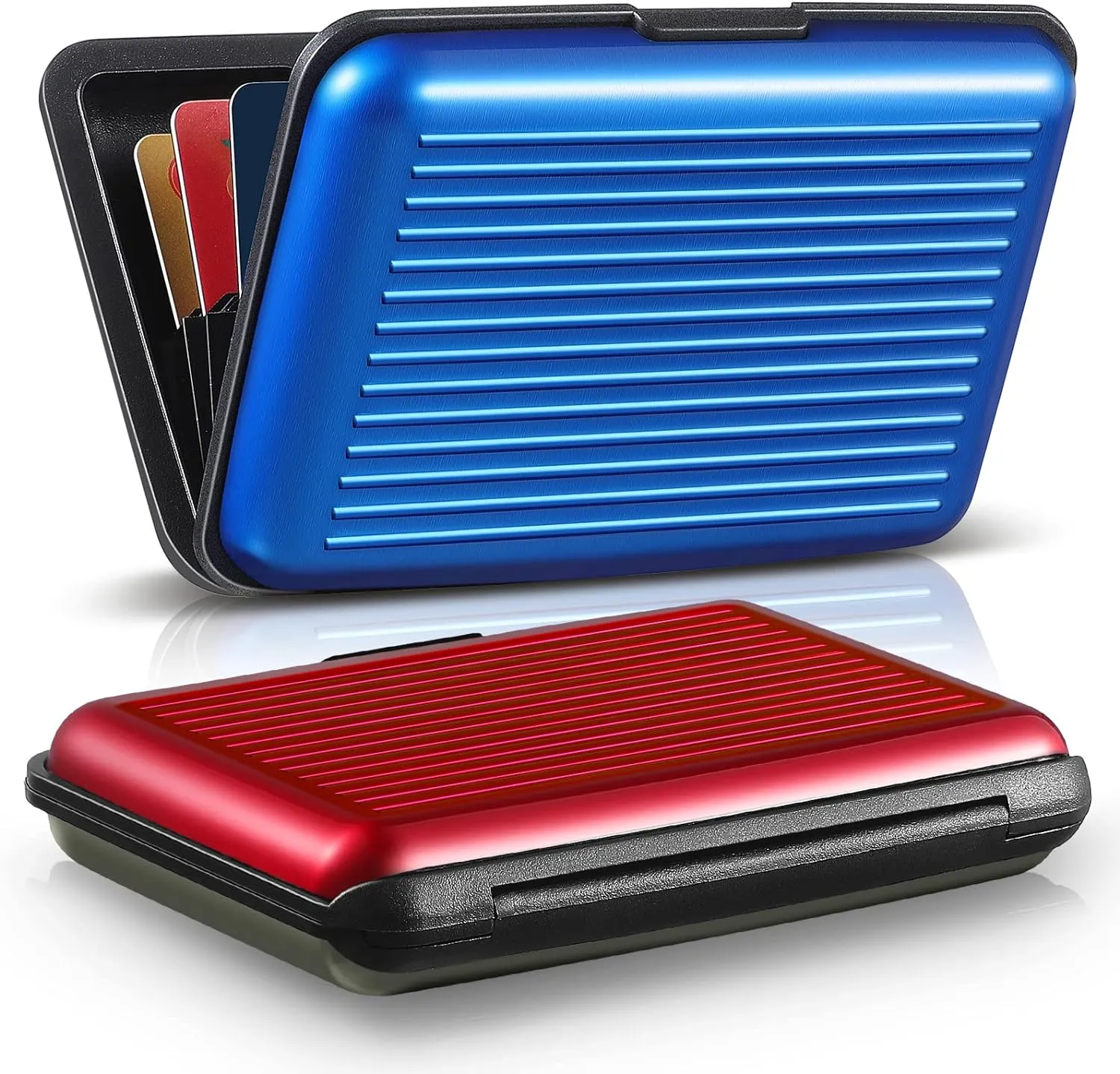 BBTO 2 Pieces Credit Card Holder Slim Mini Rfid Blocking Credit Card Protector Aluminum Business Box Metal ID Organizer Wallet with 6 Slots for Women Men(Red, Blue)