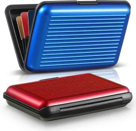 BBTO 2 Pieces Credit Card Holder Slim Mini Rfid Blocking Credit Card Protector Aluminum Business Box Metal ID Organizer Wallet with 6 Slots for Women Men(Red, Blue)