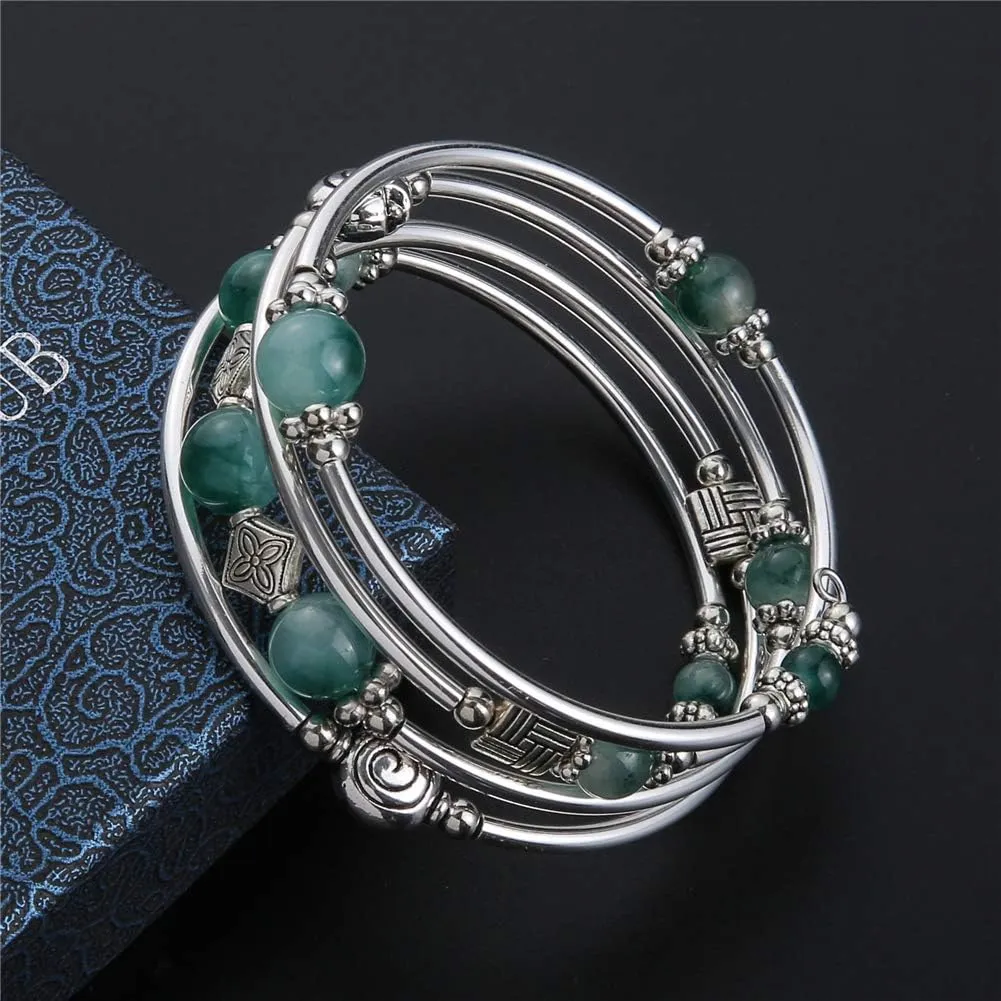 Beaded Pearl Bangle Wrap Bracelet - Fashion Bohemian Jewelry Multilayer Charm Bracelet with Thick Silver Metal Beads, Gift For Women