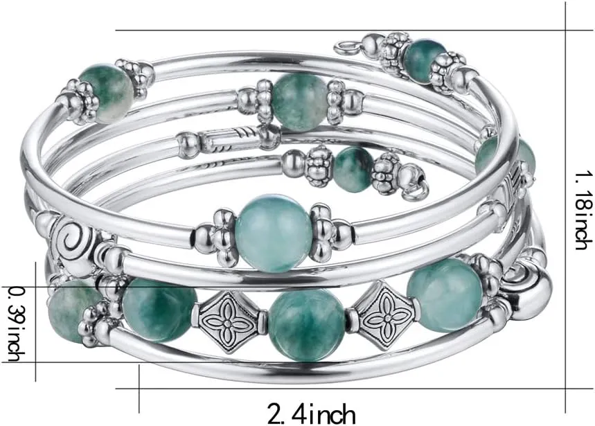 Beaded Pearl Bangle Wrap Bracelet - Fashion Bohemian Jewelry Multilayer Charm Bracelet with Thick Silver Metal Beads, Gift For Women