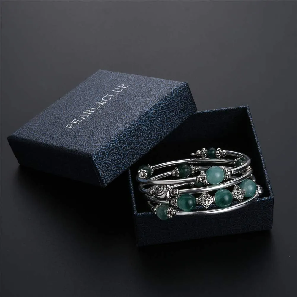 Beaded Pearl Bangle Wrap Bracelet - Fashion Bohemian Jewelry Multilayer Charm Bracelet with Thick Silver Metal Beads, Gift For Women