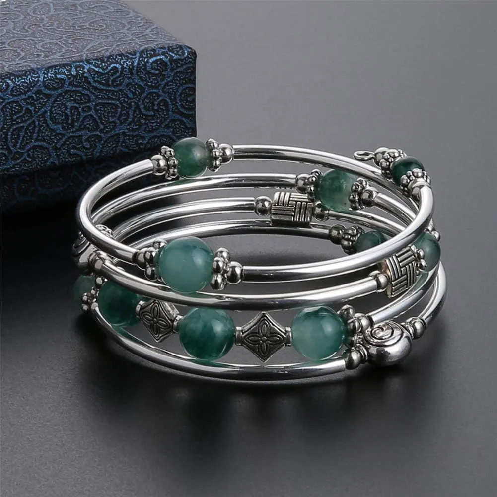 Beaded Pearl Bangle Wrap Bracelet - Fashion Bohemian Jewelry Multilayer Charm Bracelet with Thick Silver Metal Beads, Gift For Women
